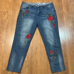 Vintage America Blue Jeans with Red Rose Embroidery